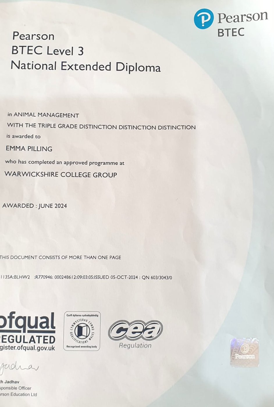 Level 3 National Extended Diploma in Animal Management awarded to Emma with Triple Distinction