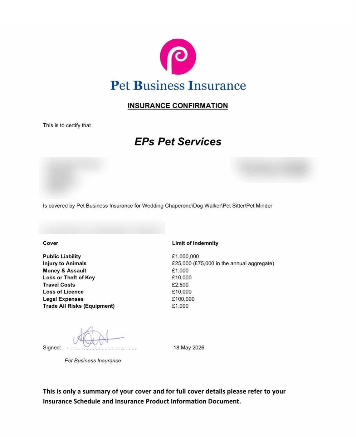 EPs Pet Services public liability insurance confirmation from Pet Business Insurance